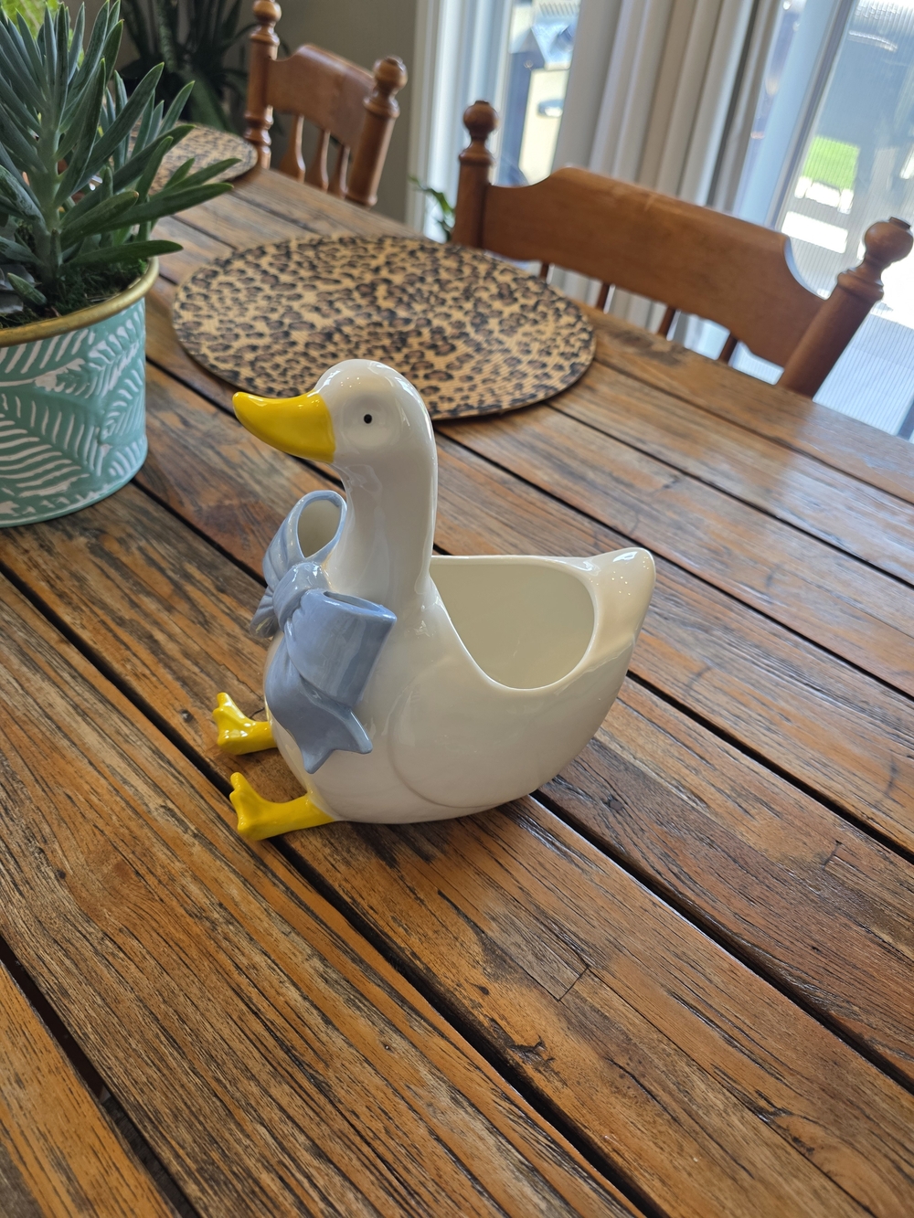 Ceramic Duck Planter with Blue Bow - White and Yellow Decorative Bird